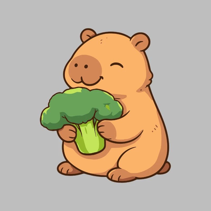 Capybara with broccoli – relaxed & cute