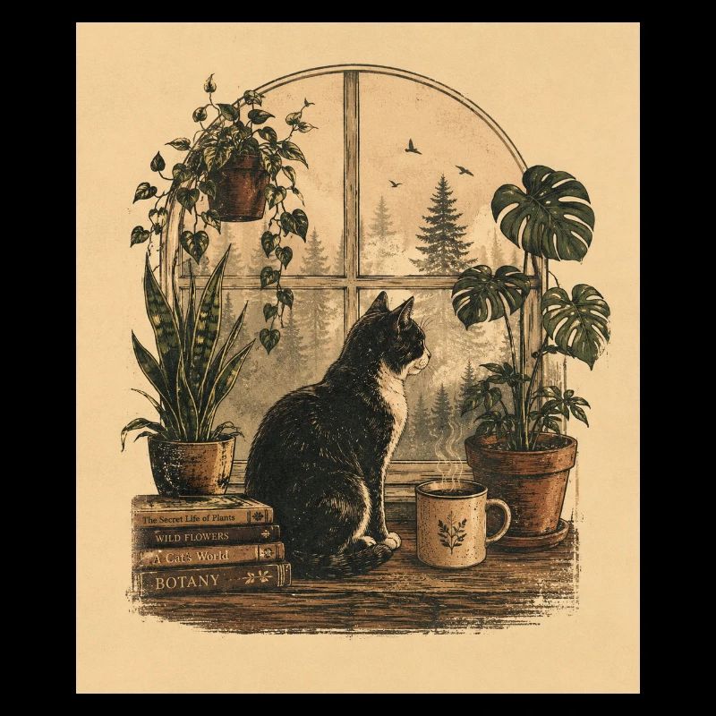 Cozy Cat by Window with Plants 