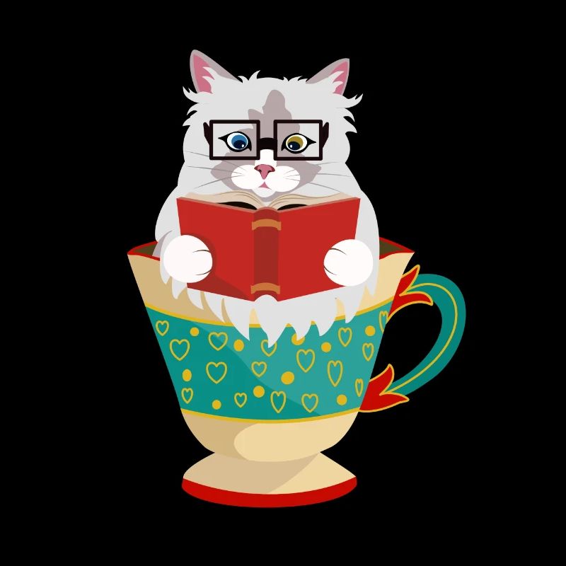 Niedliche Ragdoll-Katze, die ein Buch in einer Kaffeetasse liest