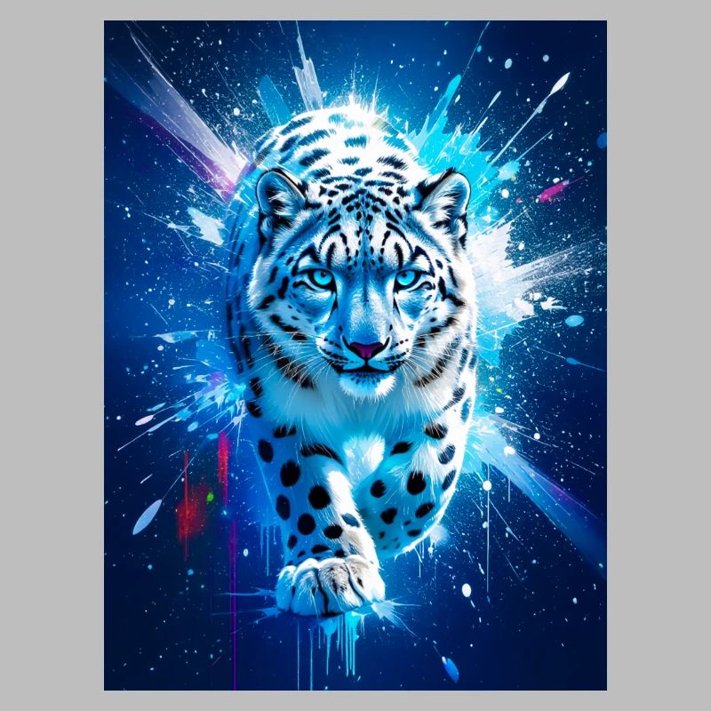 A snow leopard glows amid icy blue and silver star