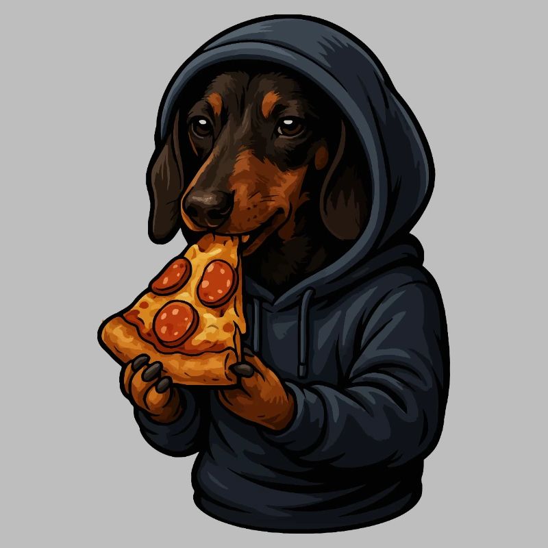 Teckel en sweat à capuche mangeant de la pizza