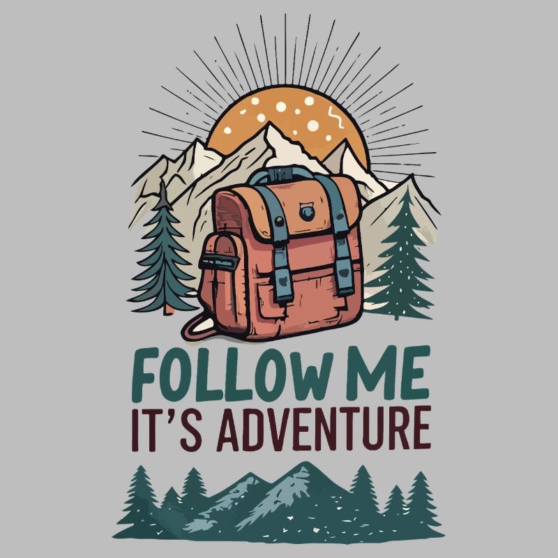 Backpack and mountains with adventure slogan