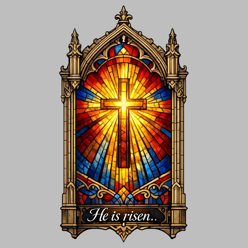 He is Risen Cross in Stained Glass Window Easter
