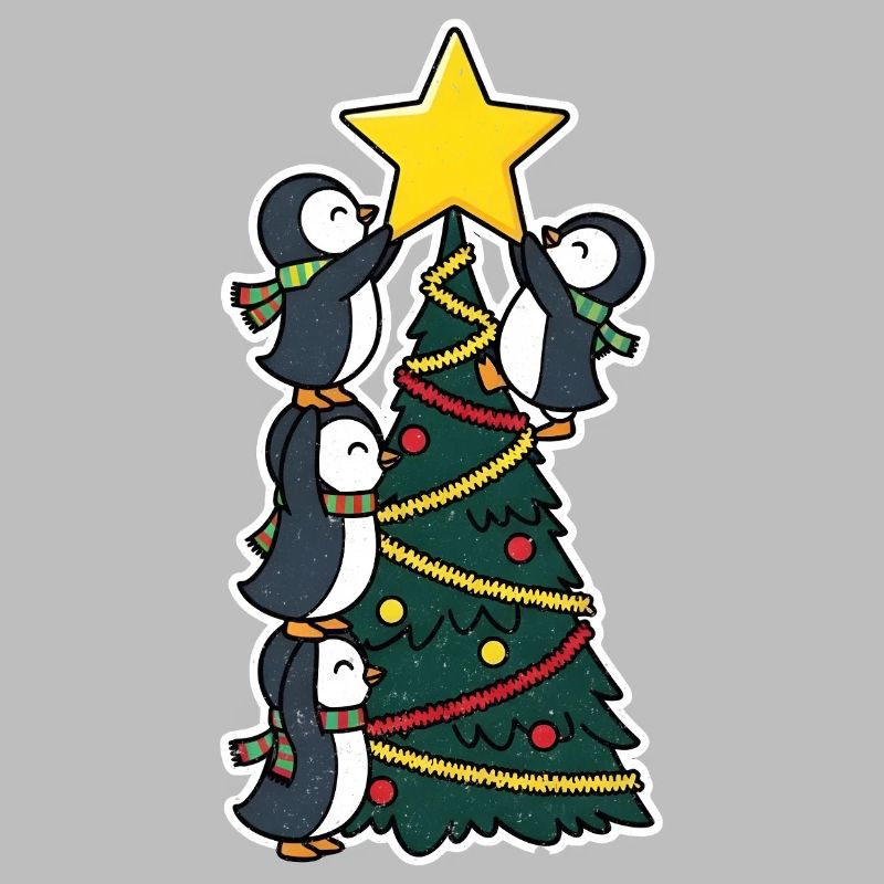 Penguins decorating Christmas tree