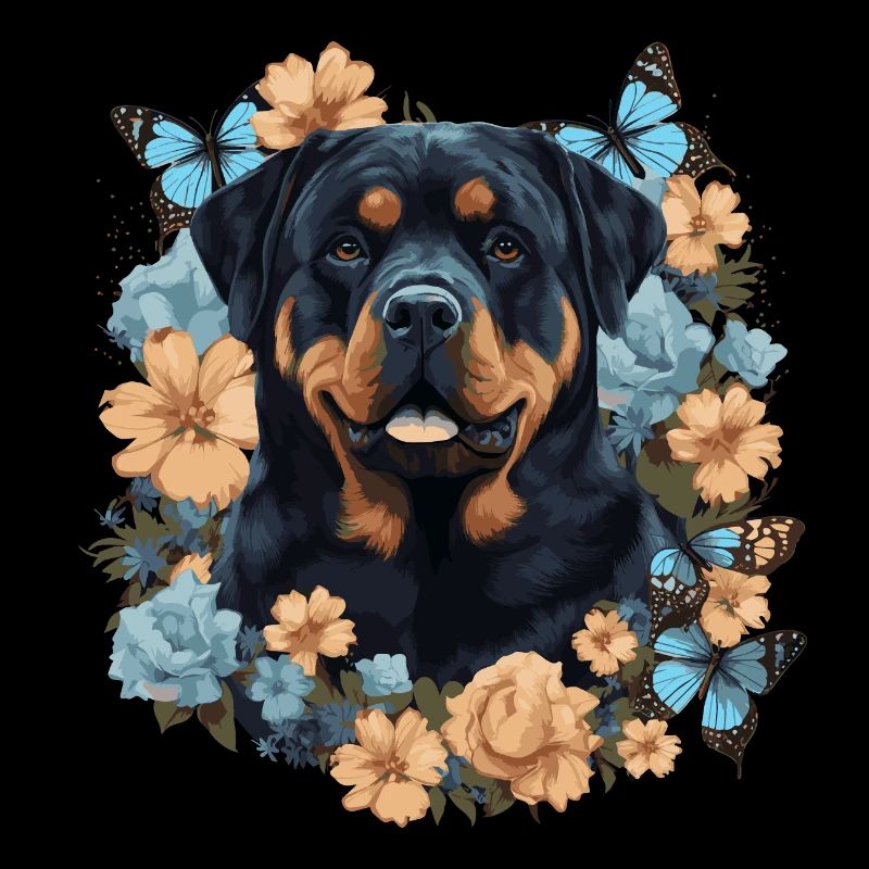 Chien rottweiler avec des fleurs