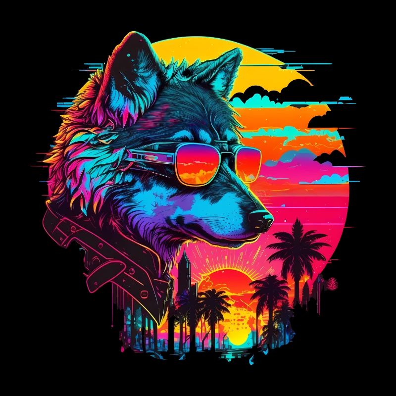 Wolf Retro Illustration Synthwave Art