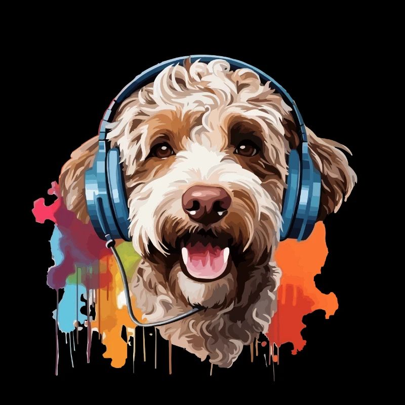 Bunter Lagotto Romagnolo mit Kopfhörer