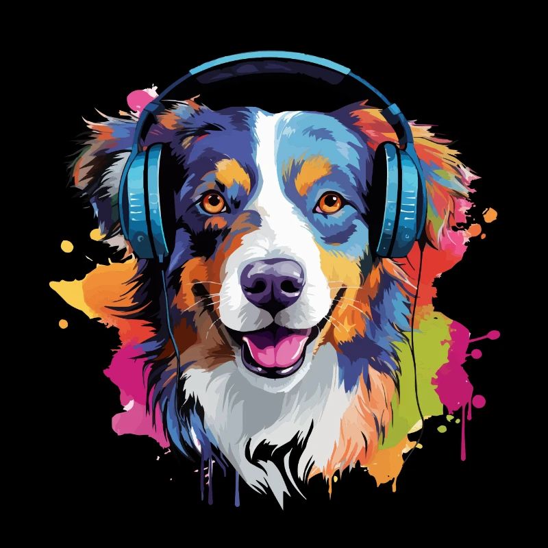 Bunter Australischer Schäferhund mit Kopfhörer