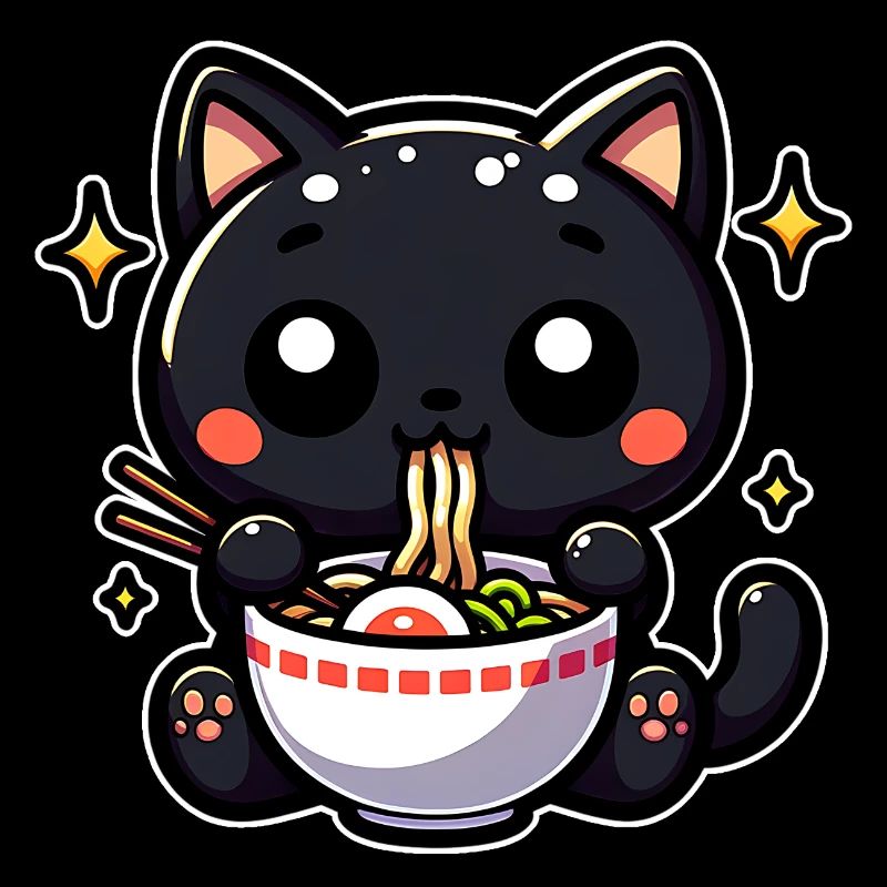 Black Cat Eats Ramen Noodle Soup Stars