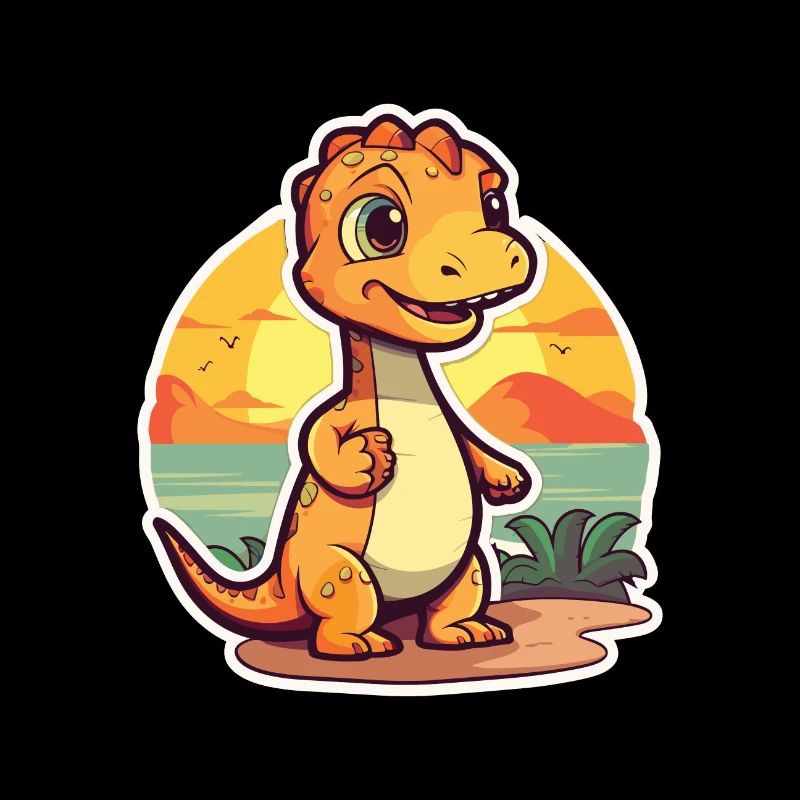 Dinosaur Funny Cartoon Kawaii Beach Illustration