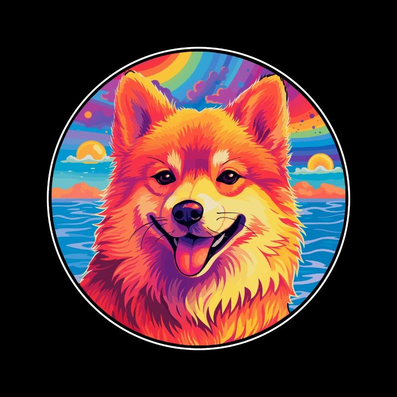 Finnischer Spitz Hunderasse Bunte Karikatur Watercolo