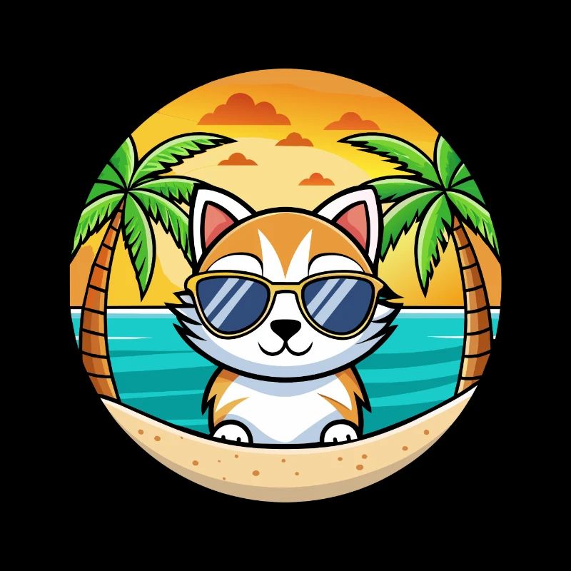 Chaton Drôle Dessin Animé Plage D’été Lunettes De Soleil Cool