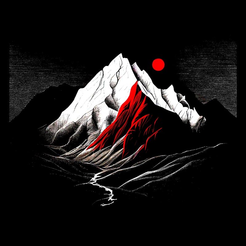 Mountains with moon and red details - minimalism