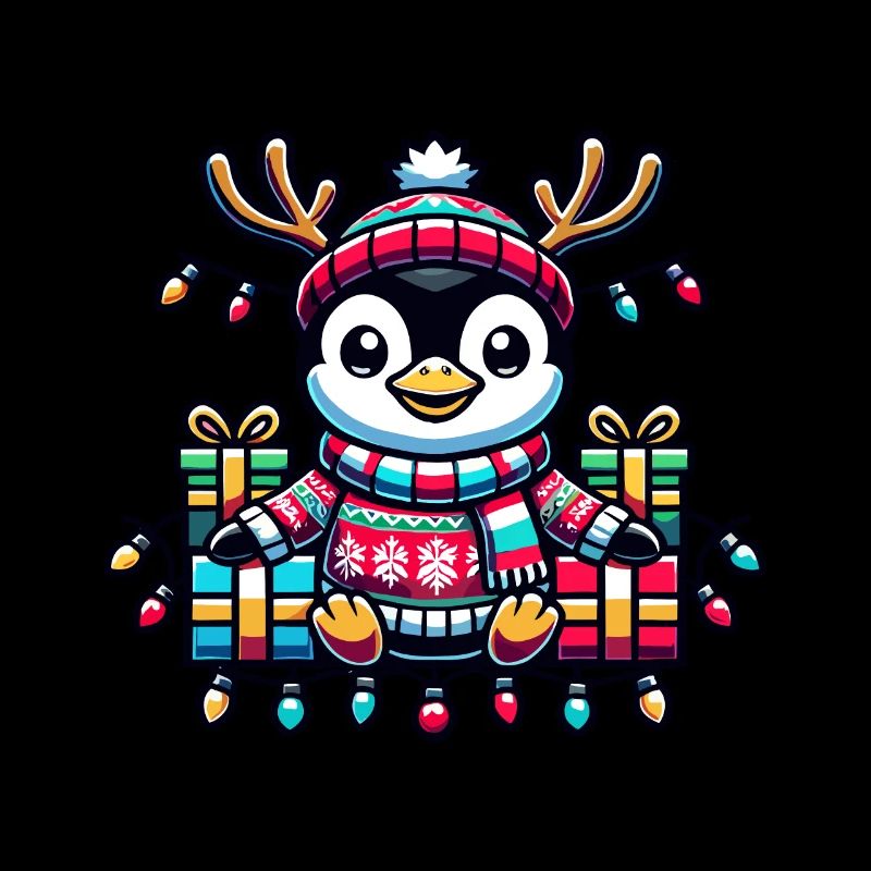 Fröhlicher Pinguin Mit Lichterkette Und Geschenken