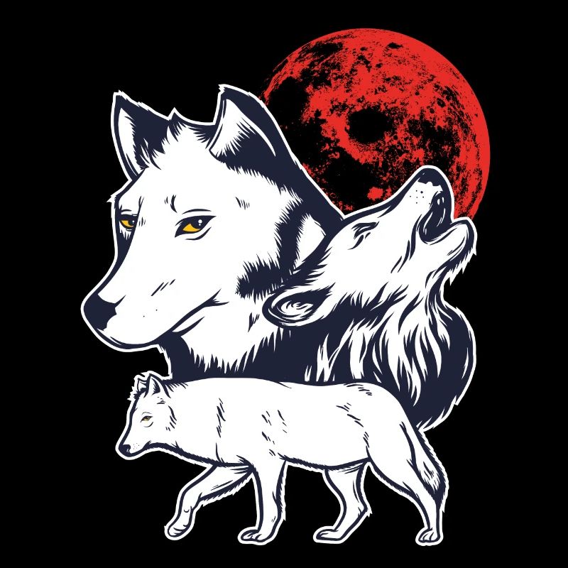 3 White Alpha Wolves Howling at red Moon gift