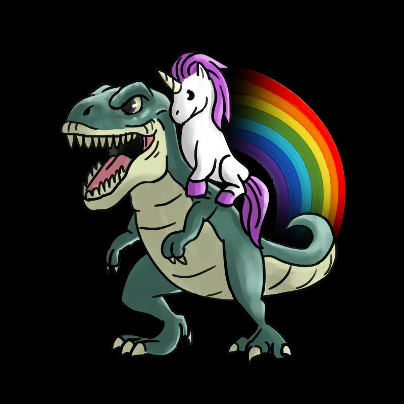 Unicorn rides on T-Rex rainbow gift