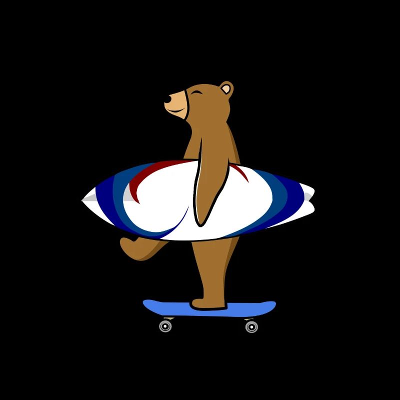 Bear with skateboard and surfboard