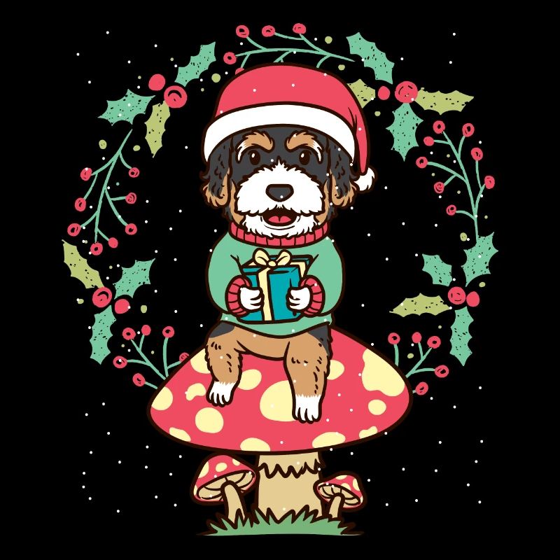 Bernedoodle Hund Auf Pilz Weihnachtskranz Xmas