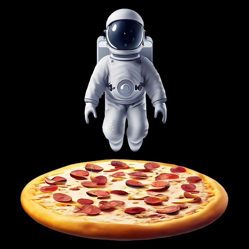 Schwebender Astronaut über Pizza