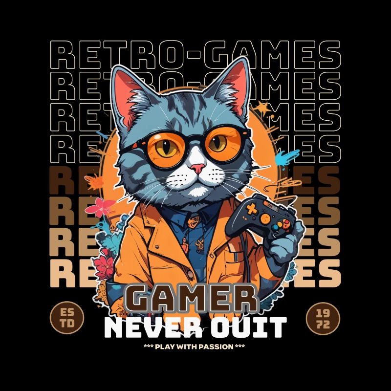 Retro Gamer Cat with Controller Console Games