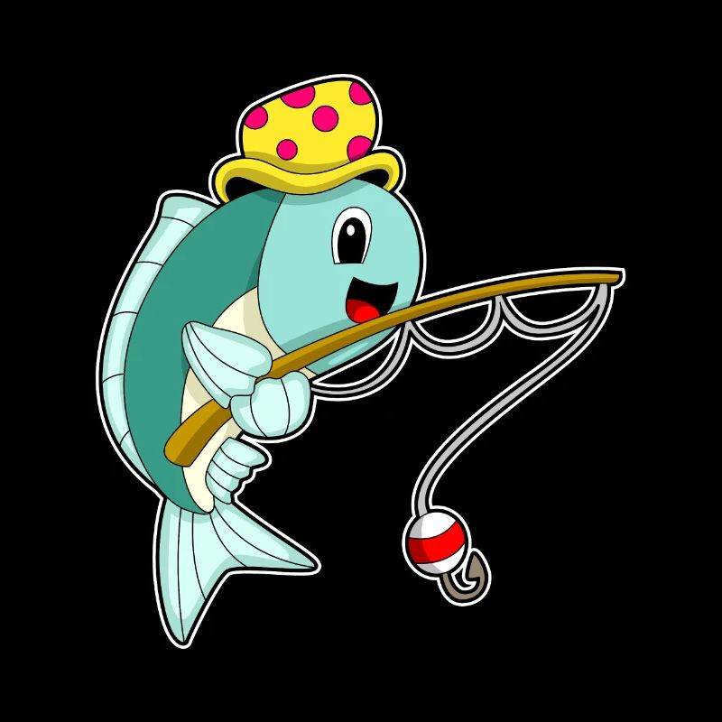 Poisson pêche avec canne à pêche & chapeau
