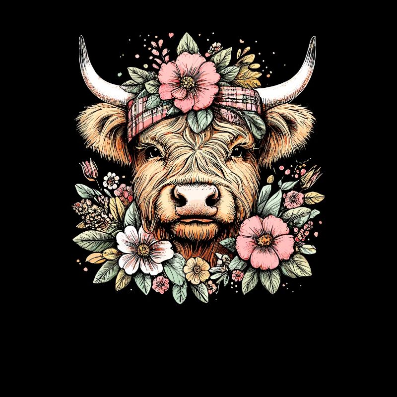 Vache écossaise Highland avec des fleurs
