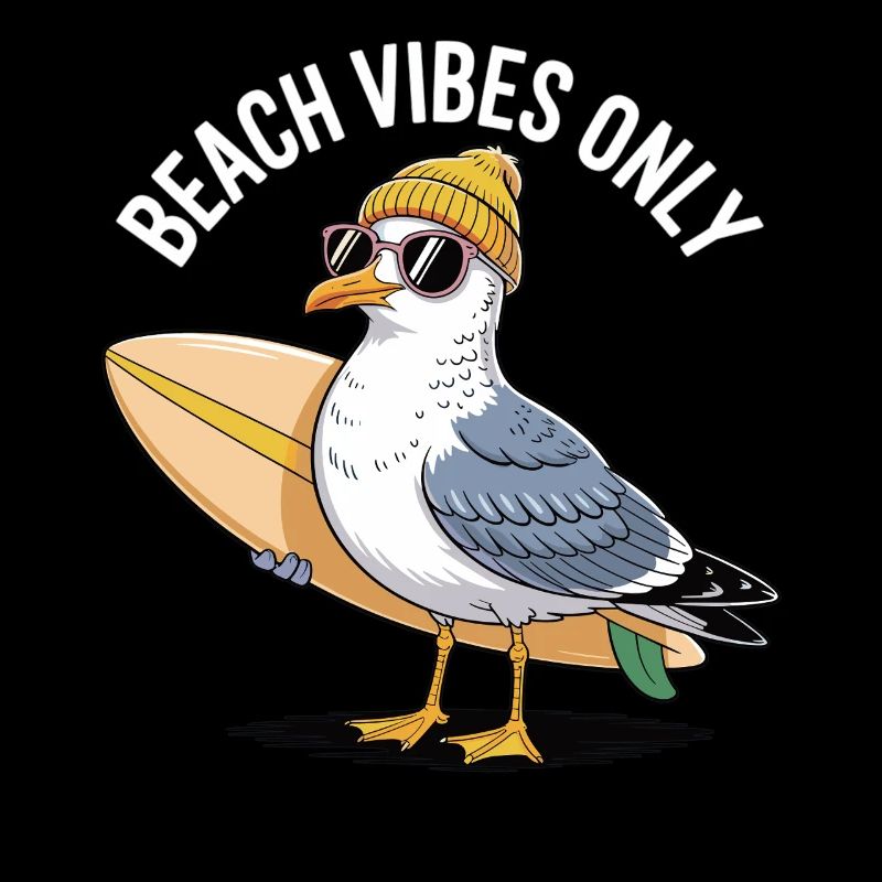 Seagull with Surfboard – Beach Vibes Only