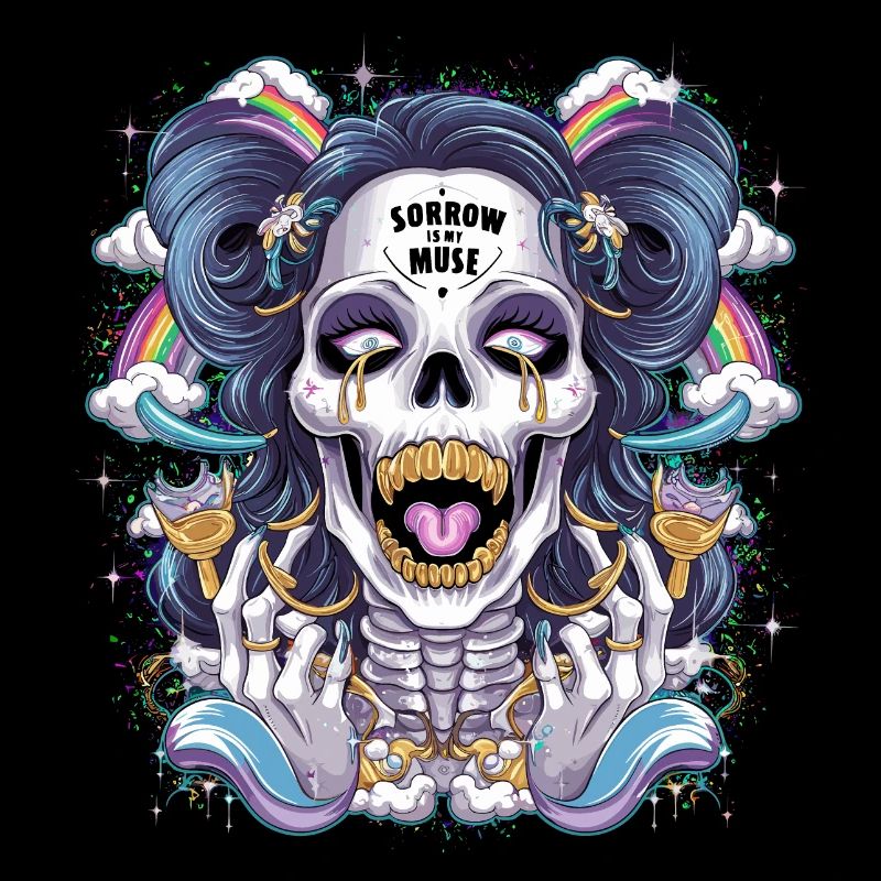 Glitzernder Skelettschädel mit Regenbogen