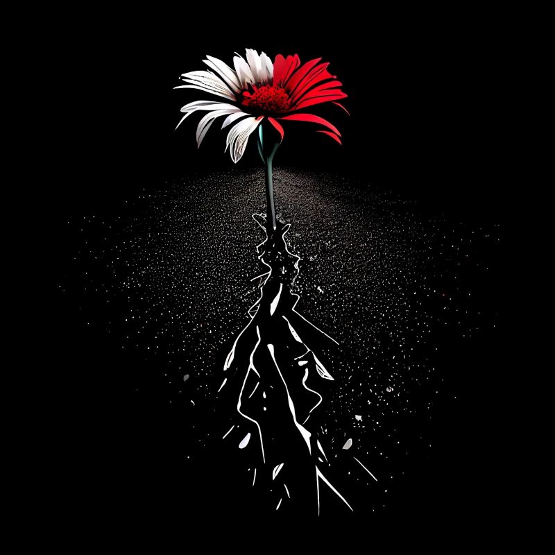 Une fleur rouge blanche perce la route goudronnée