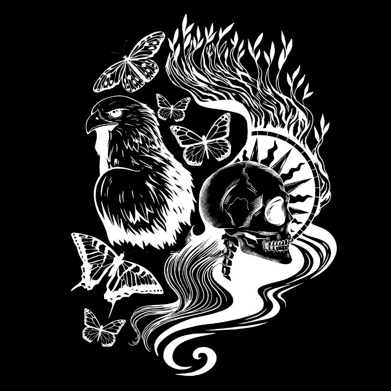 Aigle et tête de mort avec des papillons