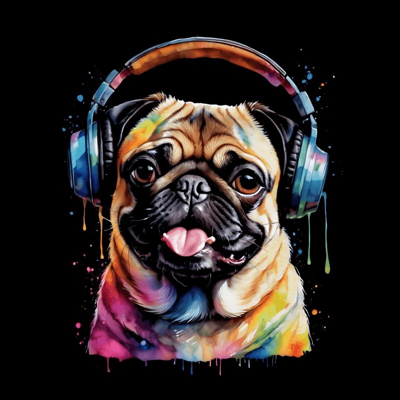 Mops Kopfhörer Hund Bunt Lustig Tier Design Print