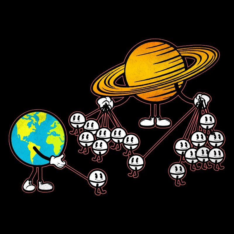 Saturn and Earth with their moons