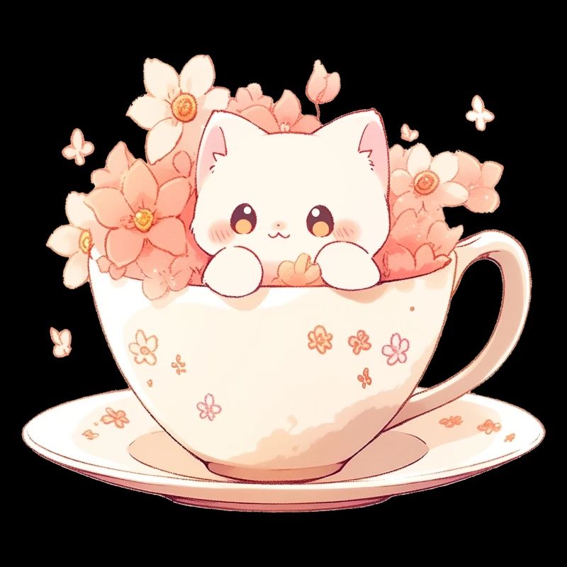 Chat blanc mignon dans une tasse de thé avec des fleurs