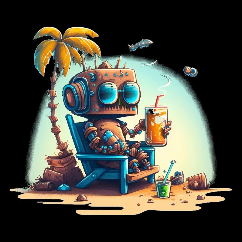 Robot on a deckchair under a palm tree