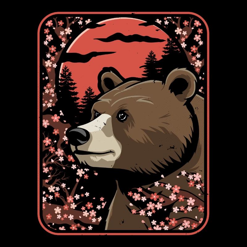 Bear Brown Bear Japan Cherry Blossom Moon
