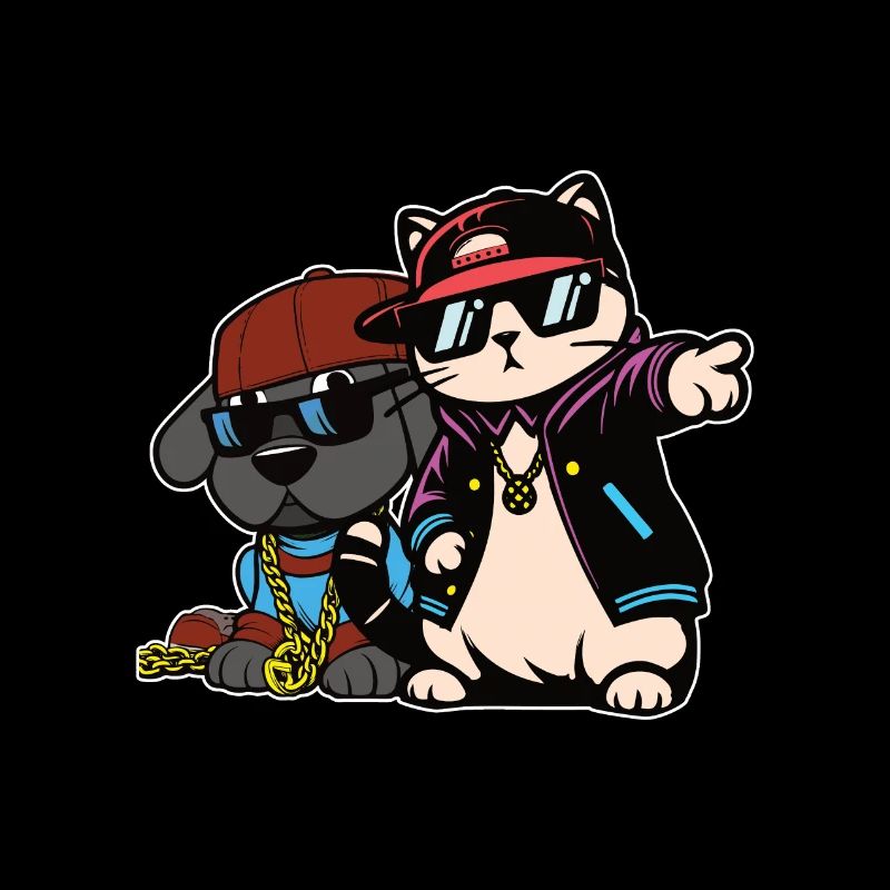 Chien et chat dans le style hip hop