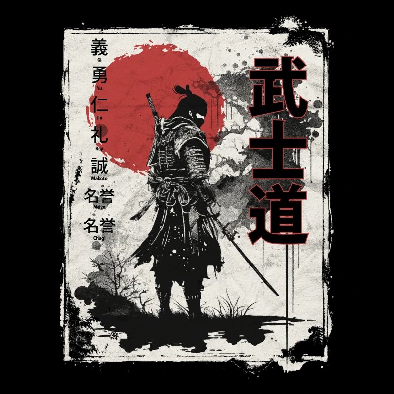 Samurai-Krieger mit roter Sonne im Hintergrund