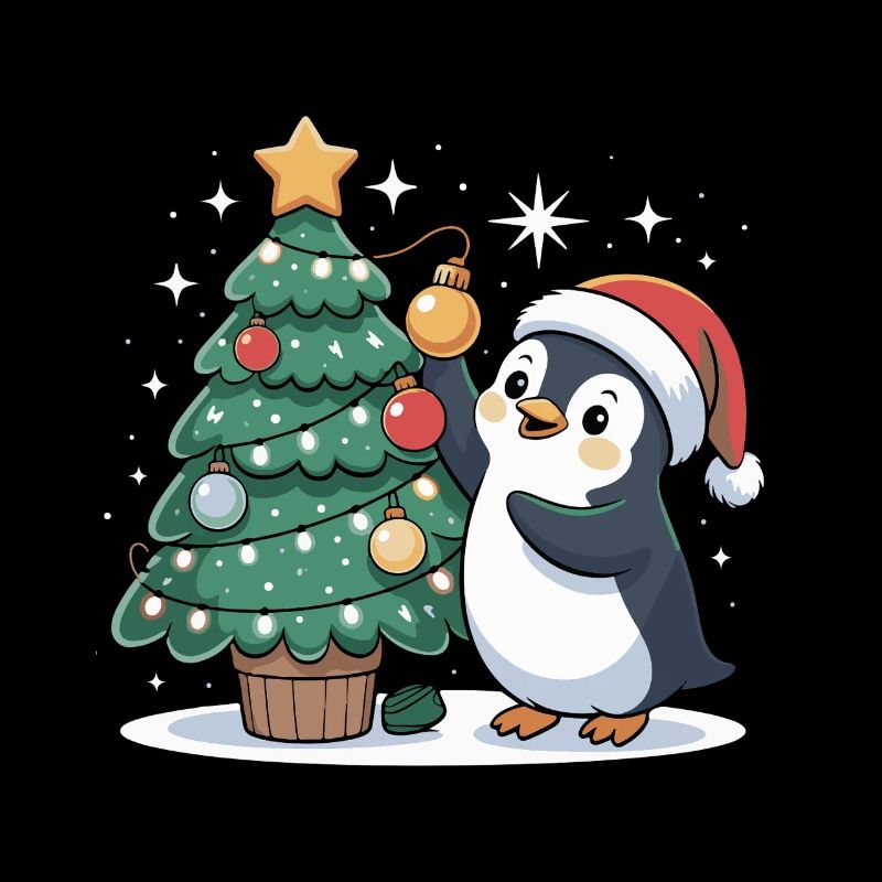 Penguin decorates Christmas tree