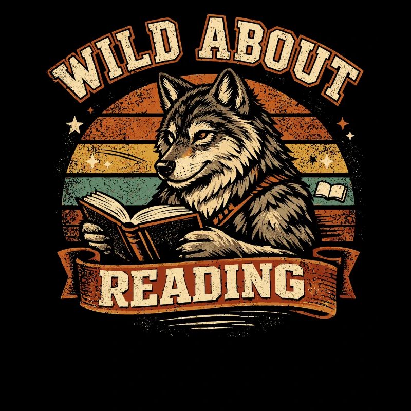 Wild About Reading Wolf Retro Bücher Spruch