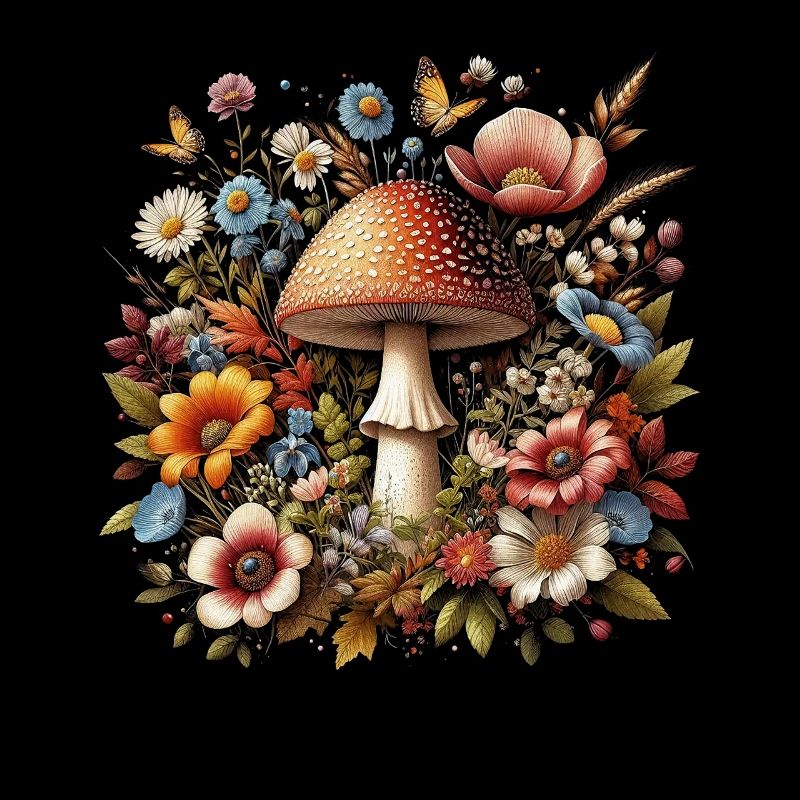 Cottagecore Pilz mit bunten Blumen