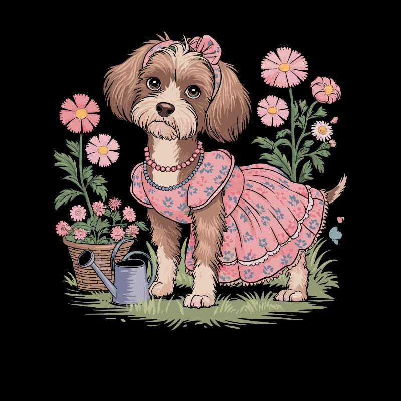 Chien Cottagecore avec fleurs et robe