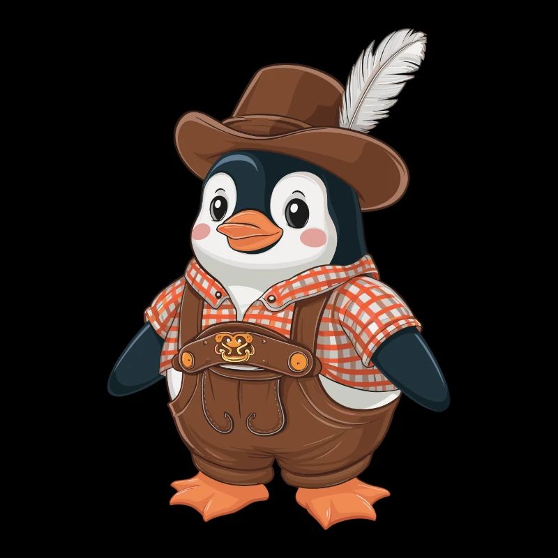 Pingouin en dirndl traditionnel avec chapeau et plume