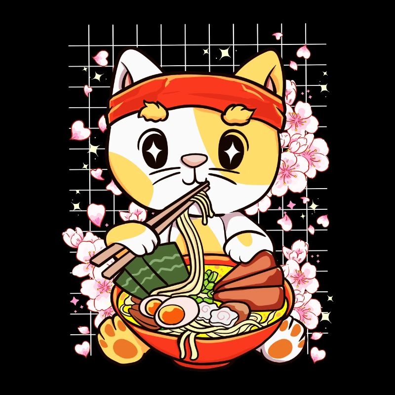 Chaton mangeant Ramen Kawaii Anime
