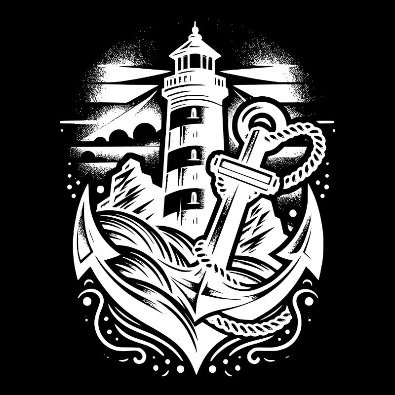 Glowing lighthouse on the coast with anchor