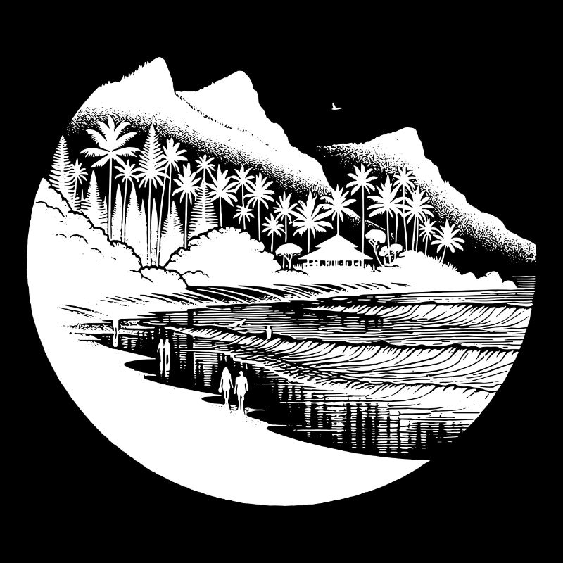 Beach and sea with palm trees and mountains