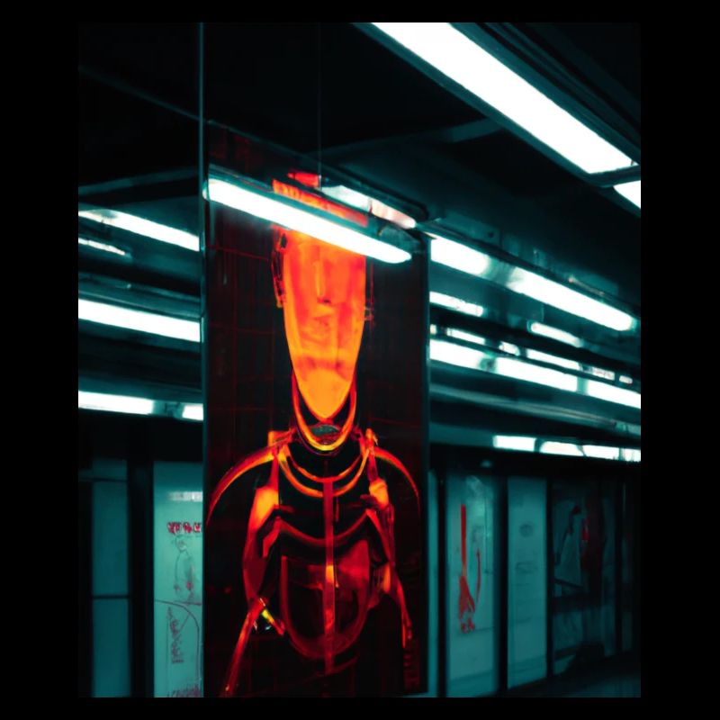 Futuristic cyborg in subway station