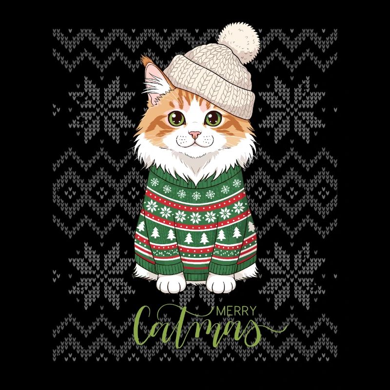 Chat Noël en pull vert et beige