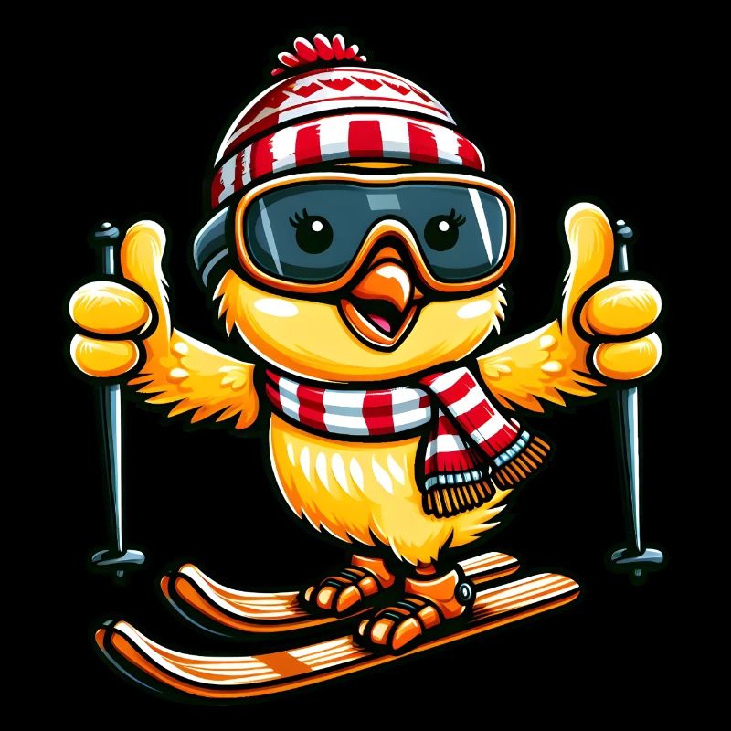 Chicken & Chick Ski Cartoon Winter