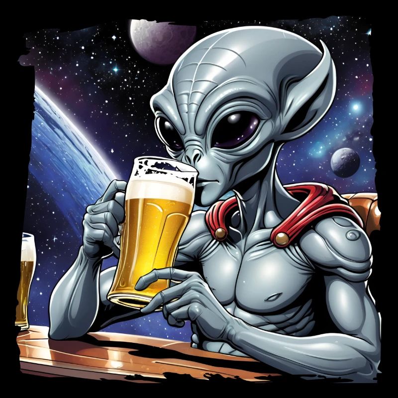 Alien drinks beer in space