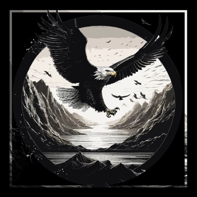 Eagle,Landscape,Black & White,Retro,Circle,Mountains